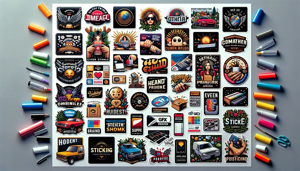 DALL·E - A collage showcasing various successful sticker printing projects completed by GFX Printer