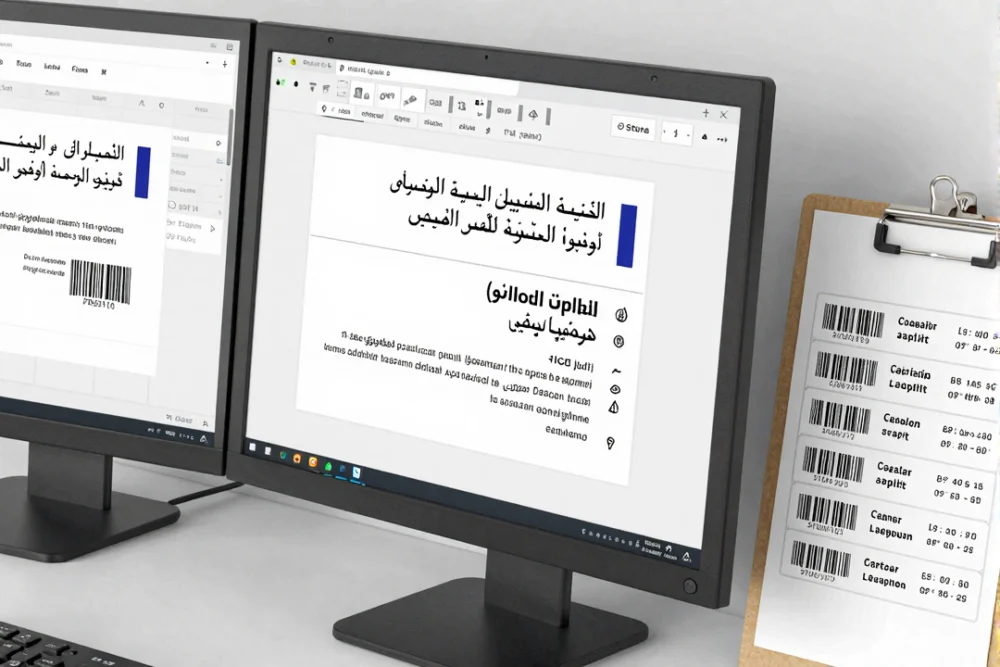 Custom Label Printing Dubai Launch Checklist 1 Workspace showing Arabic and English label proofs and barcode test indicators on screens