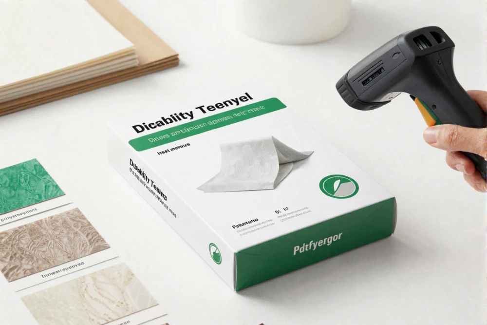 Custom Label Printing Dubai Launch Checklist 2 Packaging mockup with material swatches for paper vinyl and polypropylene alongside a barcode scanner