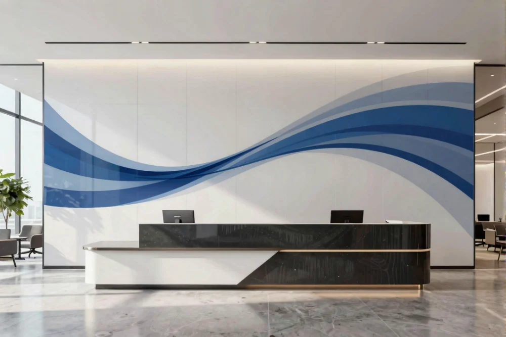 A wide shot of a modern Dubai office reception featuring a large blue and grey abstract wall graphic on a main feature wall.