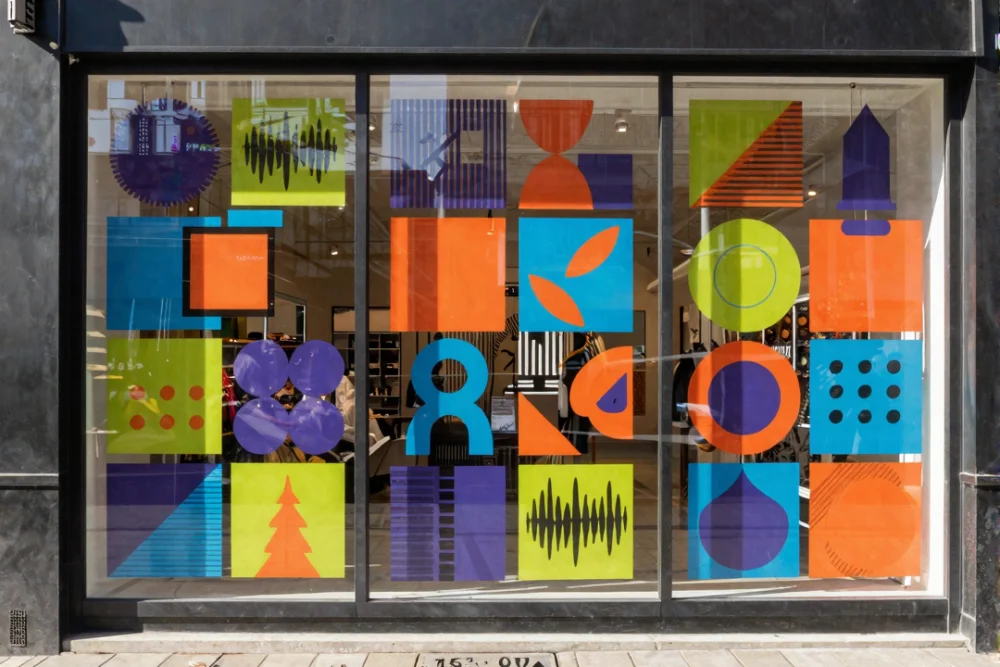 Retail Signage Dubai: Boost Sales and Visibility 1 A close-up of a retail window with colorful artistic patterns used as promotional graphics.