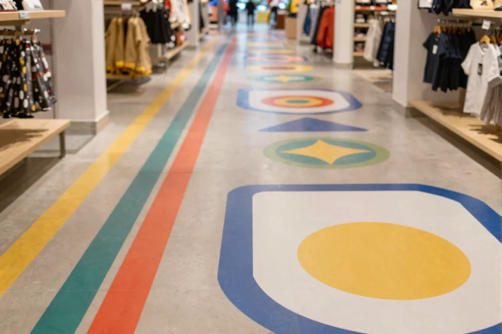 Retail Signage Dubai: Boost Sales and Visibility 2 Interior of a retail store showing colorful geometric floor graphics used for navigation and branding.