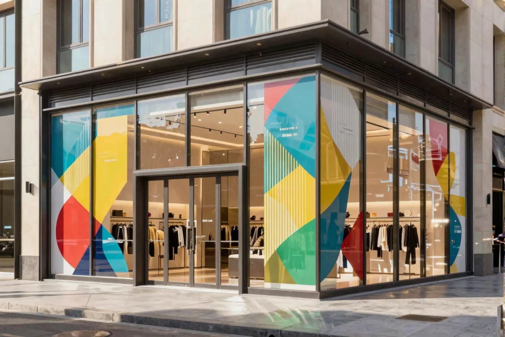 A modern retail storefront in Dubai featuring colorful professional window graphics and decals on large glass windows.