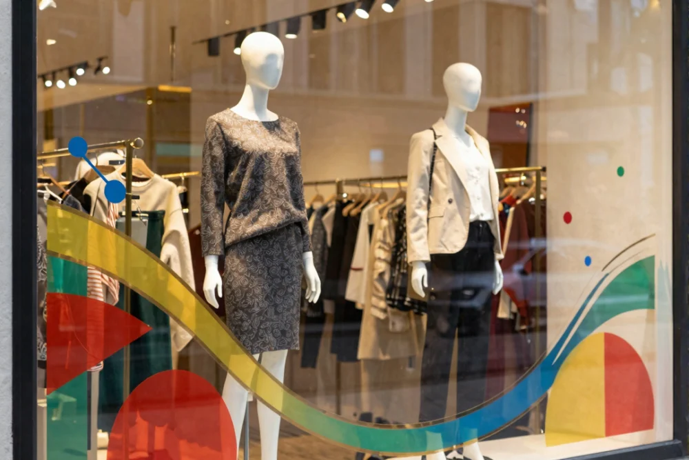 The Ultimate Guide to Retail Signage Dubai 1 Close-up of a boutique window with creative vinyl graphics and fashion mannequins.