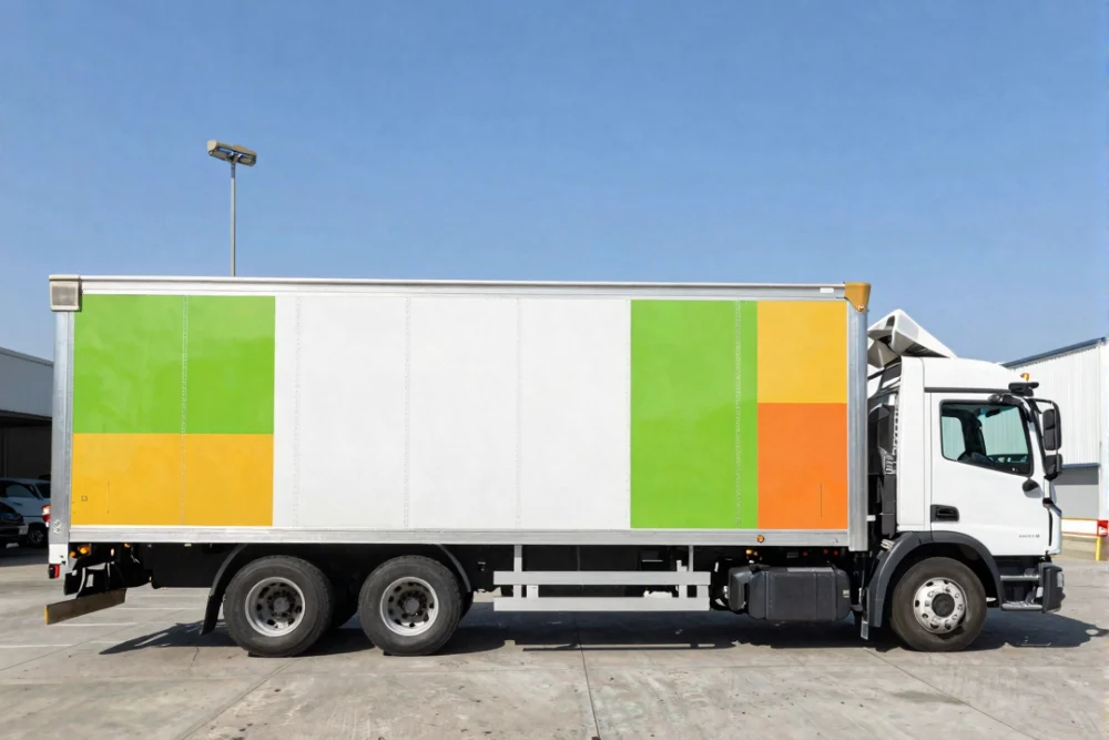 Car Sticker Printing Dubai: A Step-By-Step Guide 2 A large branded delivery truck with professional vinyl graphics on its side panel parked in a modern logistics hub.